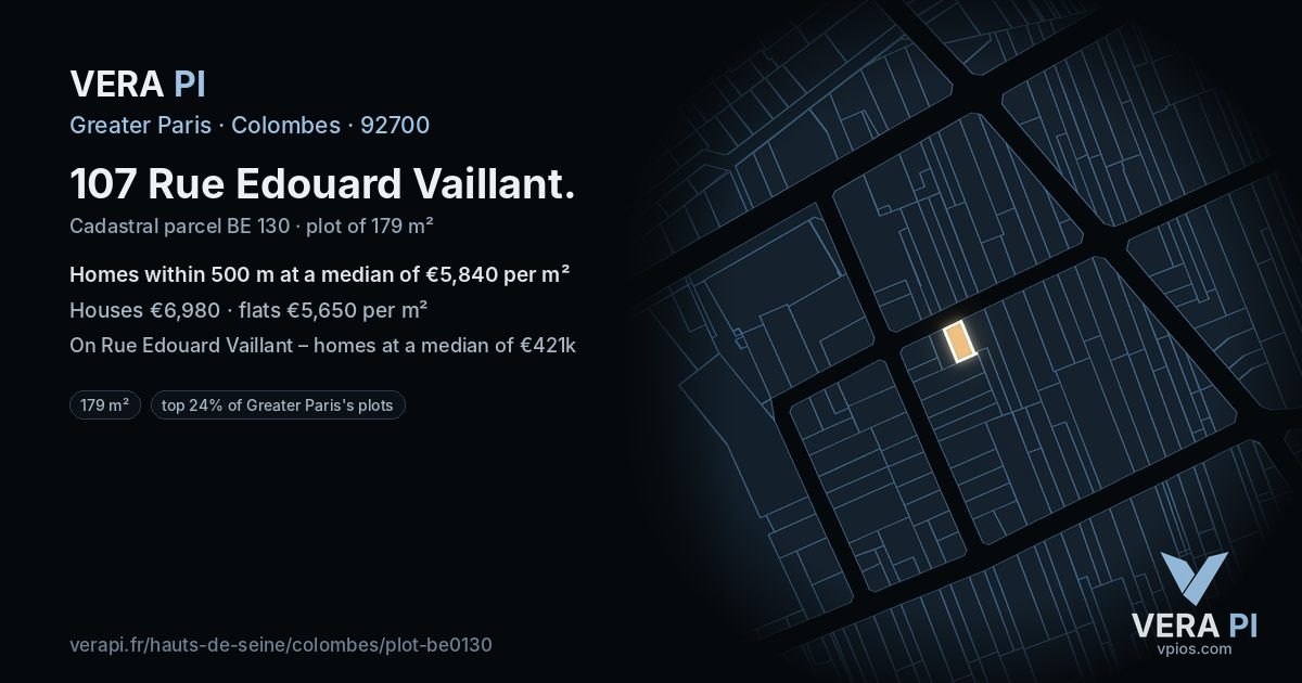 107 Rue Edouard Vaillant, Colombes at night – the plot lit, the parcels around coloured by the prices near them