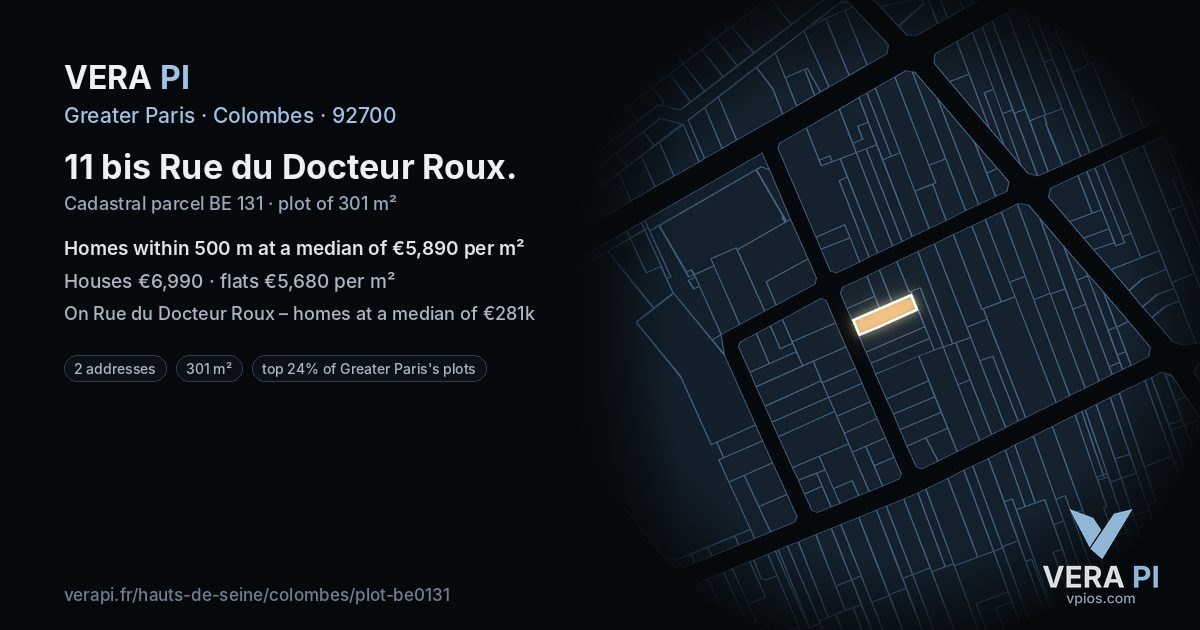 11 bis Rue du Docteur Roux, Colombes at night – the plot lit, the parcels around coloured by the prices near them