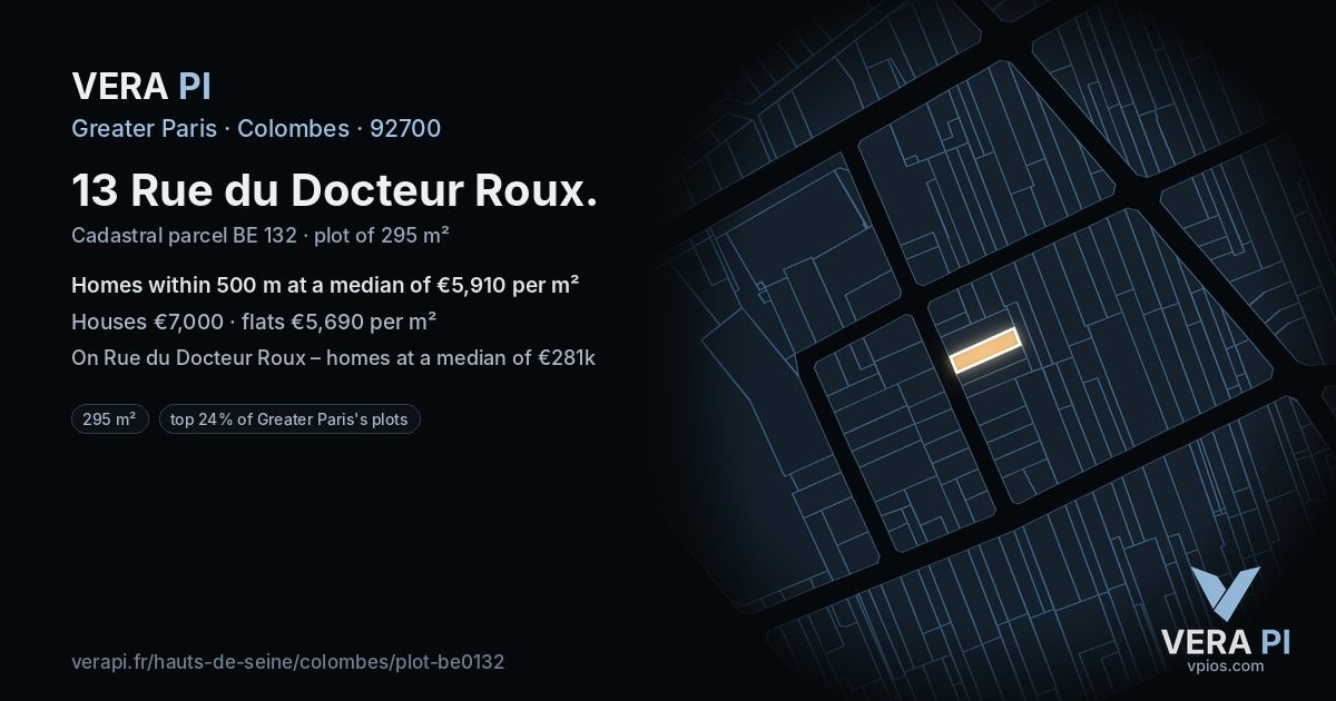 13 Rue du Docteur Roux, Colombes at night – the plot lit, the parcels around coloured by the prices near them