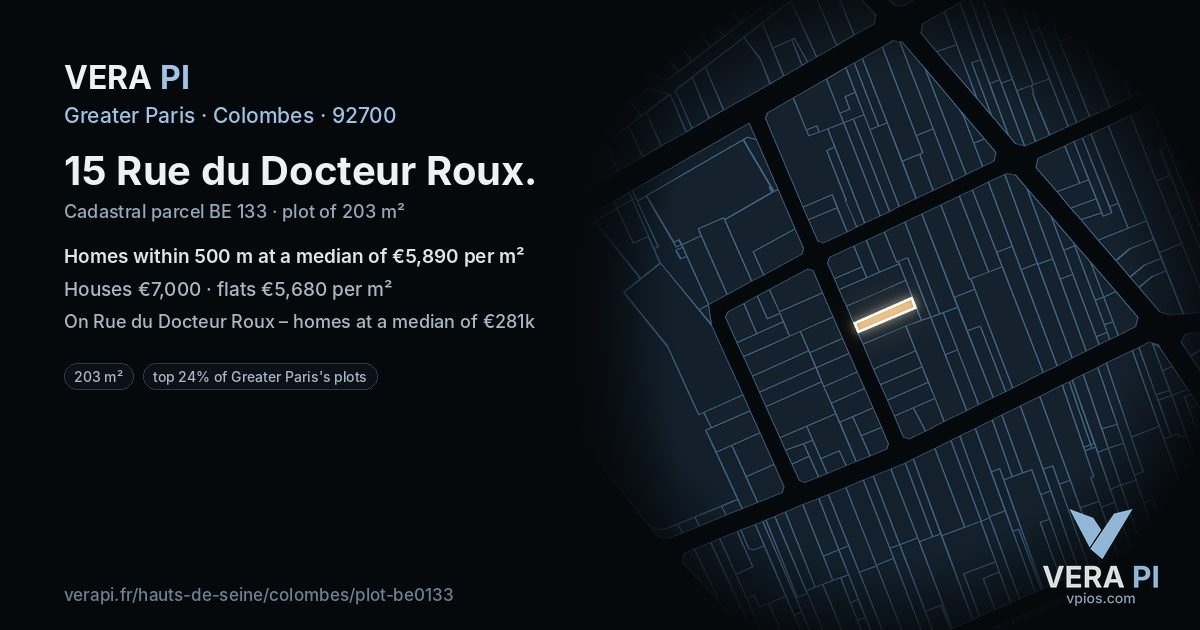 15 Rue du Docteur Roux, Colombes at night – the plot lit, the parcels around coloured by the prices near them