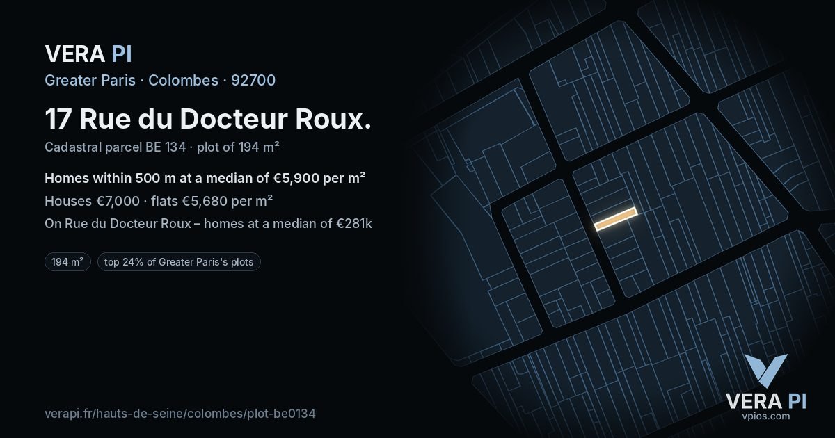 17 Rue du Docteur Roux, Colombes at night – the plot lit, the parcels around coloured by the prices near them