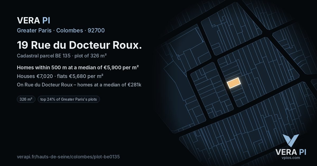 19 Rue du Docteur Roux, Colombes at night – the plot lit, the parcels around coloured by the prices near them