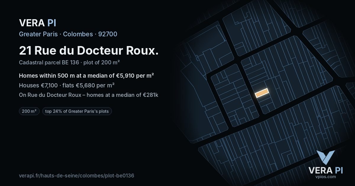 21 Rue du Docteur Roux, Colombes at night – the plot lit, the parcels around coloured by the prices near them
