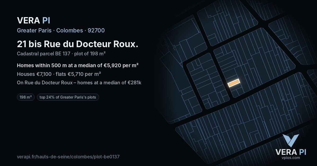 21 bis Rue du Docteur Roux, Colombes at night – the plot lit, the parcels around coloured by the prices near them