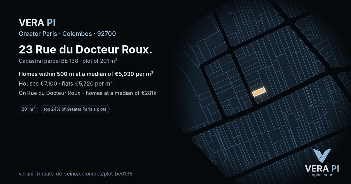 23 Rue du Docteur Roux, Colombes at night – the plot lit, the parcels around coloured by the prices near them