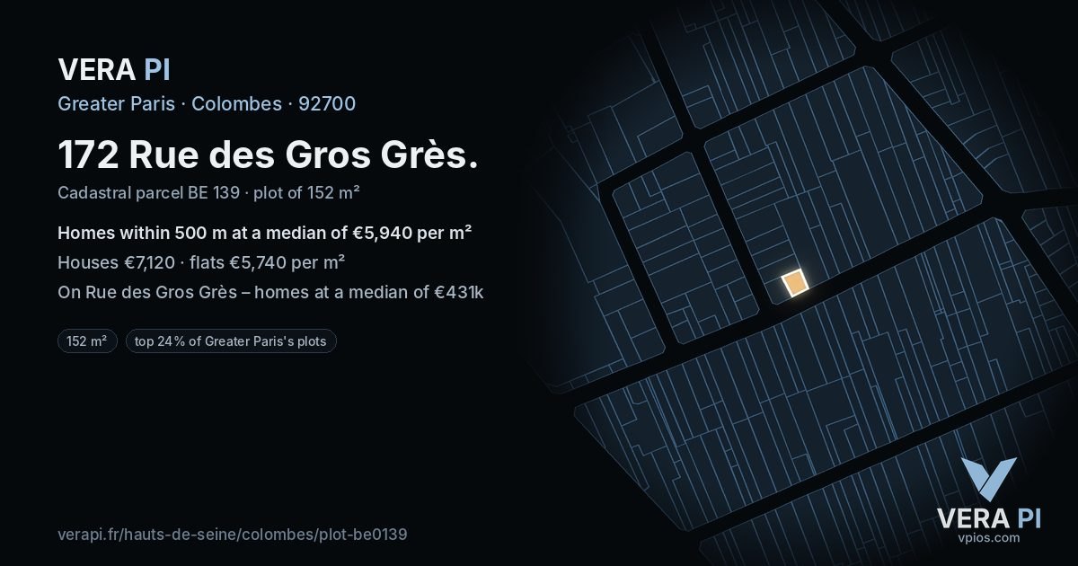 172 Rue des Gros Grès, Colombes at night – the plot lit, the parcels around coloured by the prices near them