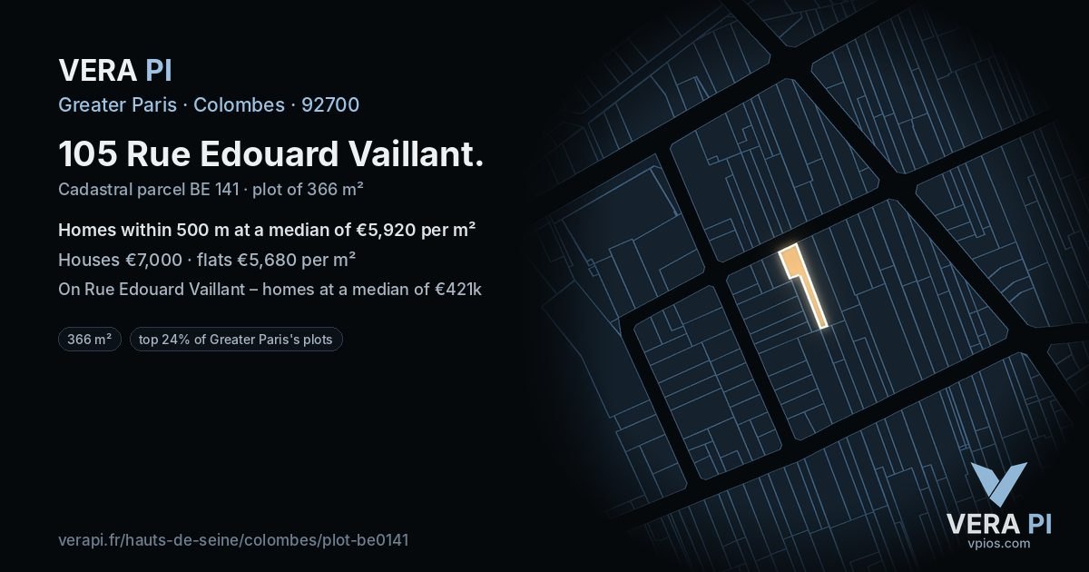 105 Rue Edouard Vaillant, Colombes at night – the plot lit, the parcels around coloured by the prices near them