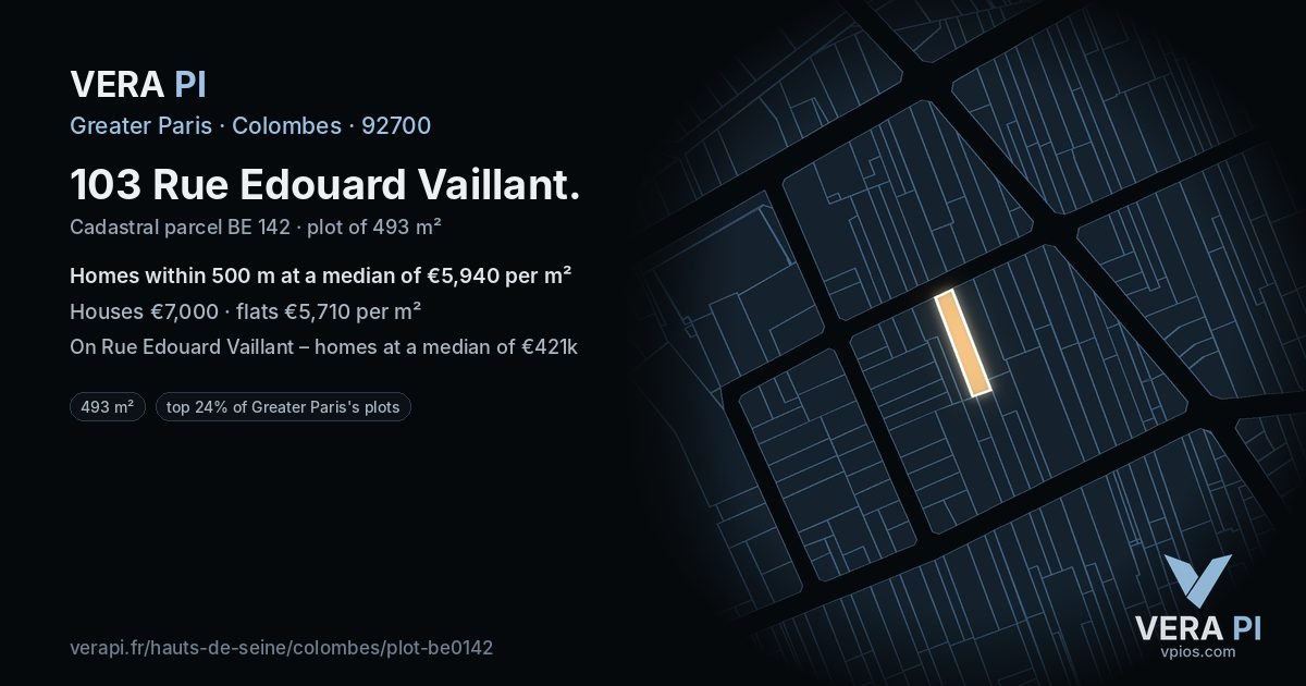 103 Rue Edouard Vaillant, Colombes at night – the plot lit, the parcels around coloured by the prices near them