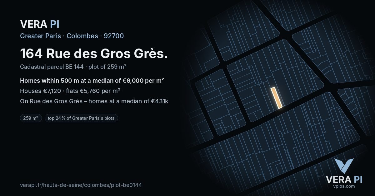 164 Rue des Gros Grès, Colombes at night – the plot lit, the parcels around coloured by the prices near them
