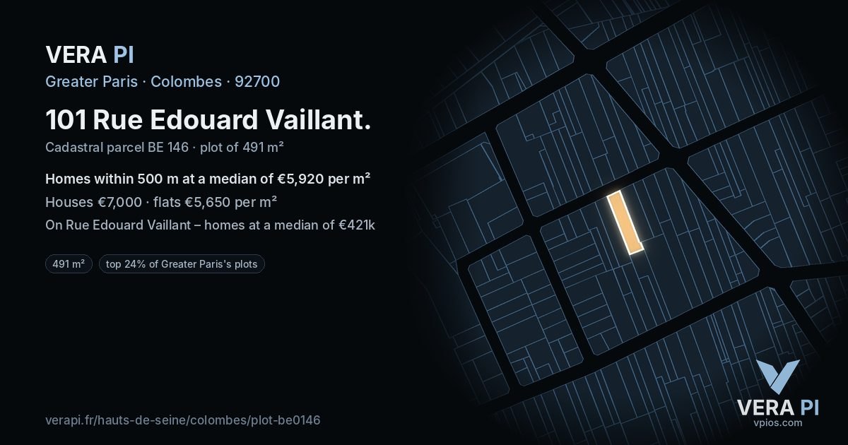 101 Rue Edouard Vaillant, Colombes at night – the plot lit, the parcels around coloured by the prices near them