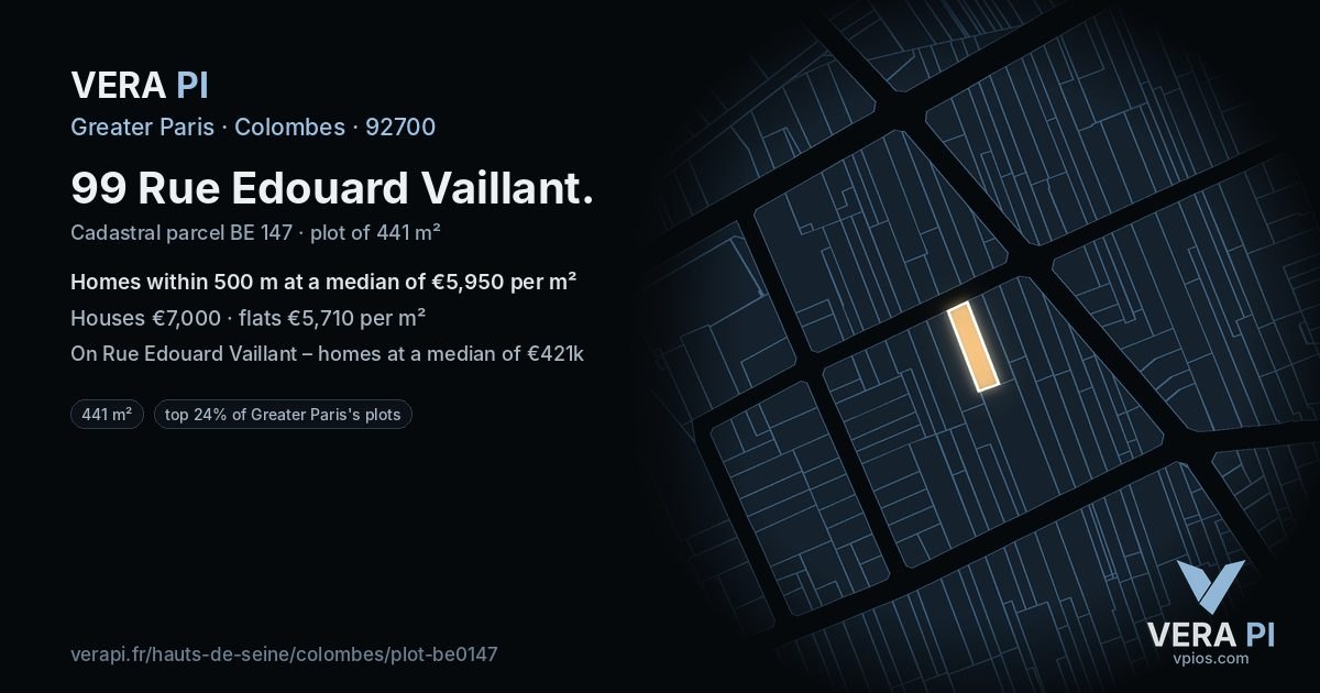 99 Rue Edouard Vaillant, Colombes at night – the plot lit, the parcels around coloured by the prices near them