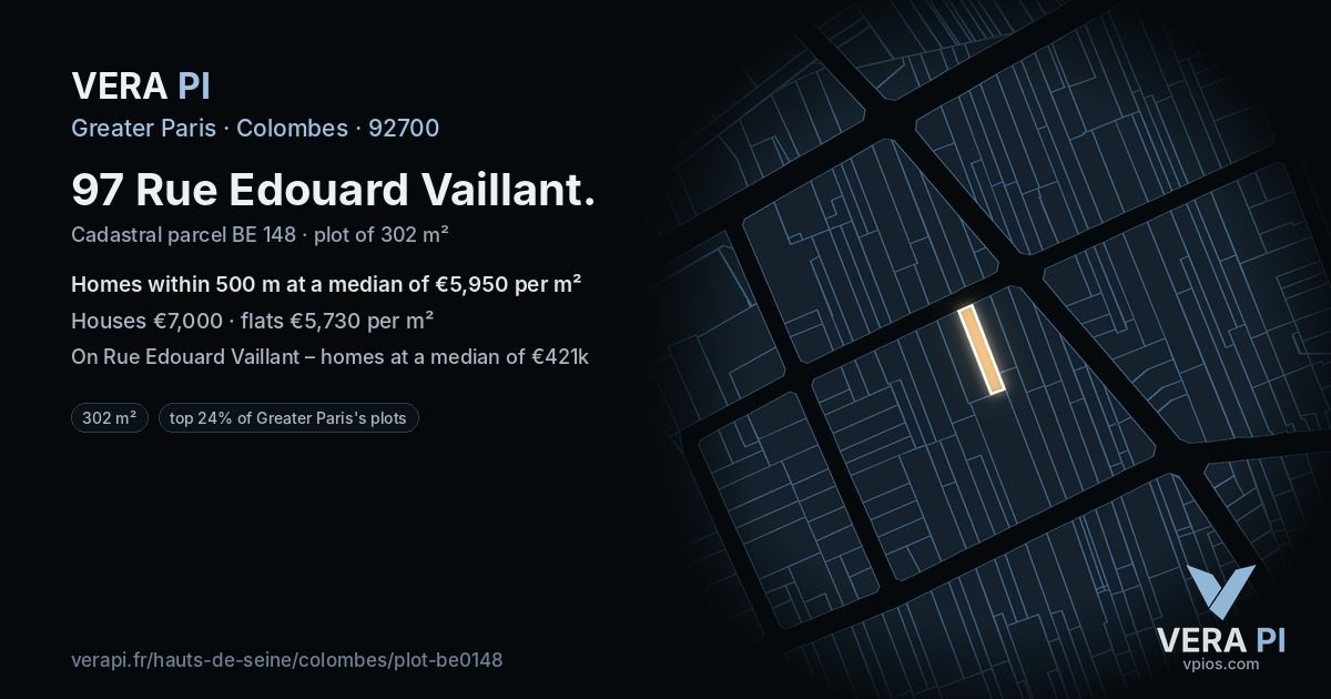 97 Rue Edouard Vaillant, Colombes at night – the plot lit, the parcels around coloured by the prices near them