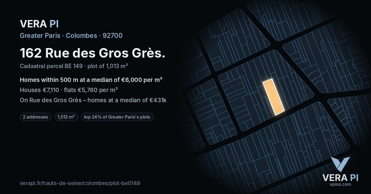 162 Rue des Gros Grès, Colombes at night – the plot lit, the parcels around coloured by the prices near them