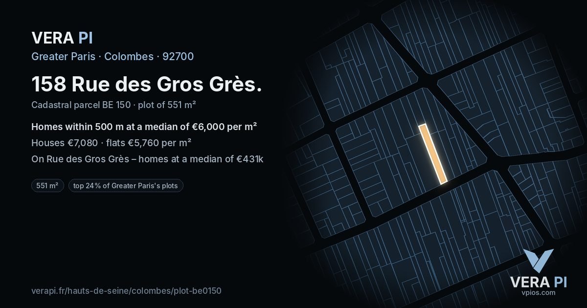 158 Rue des Gros Grès, Colombes at night – the plot lit, the parcels around coloured by the prices near them