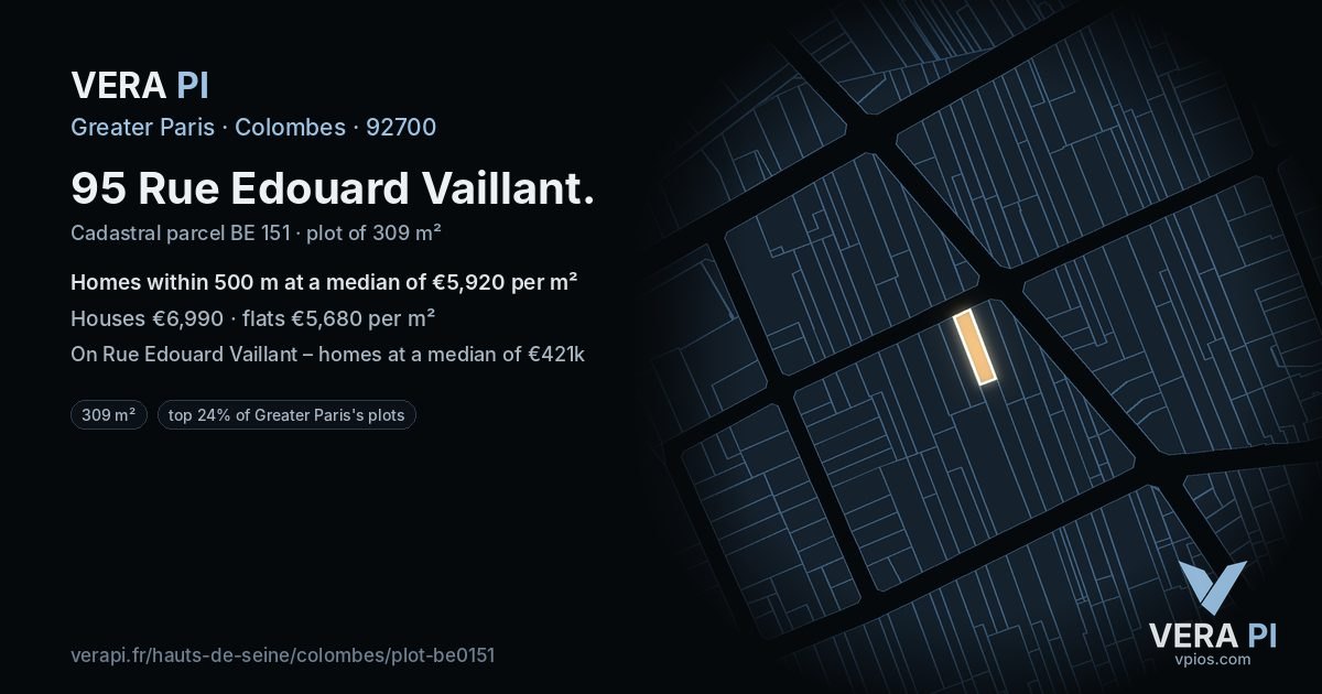 95 Rue Edouard Vaillant, Colombes at night – the plot lit, the parcels around coloured by the prices near them