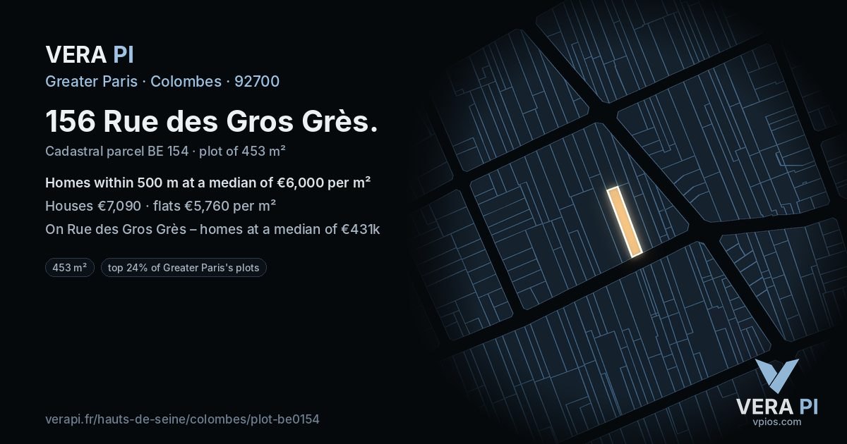 156 Rue des Gros Grès, Colombes at night – the plot lit, the parcels around coloured by the prices near them