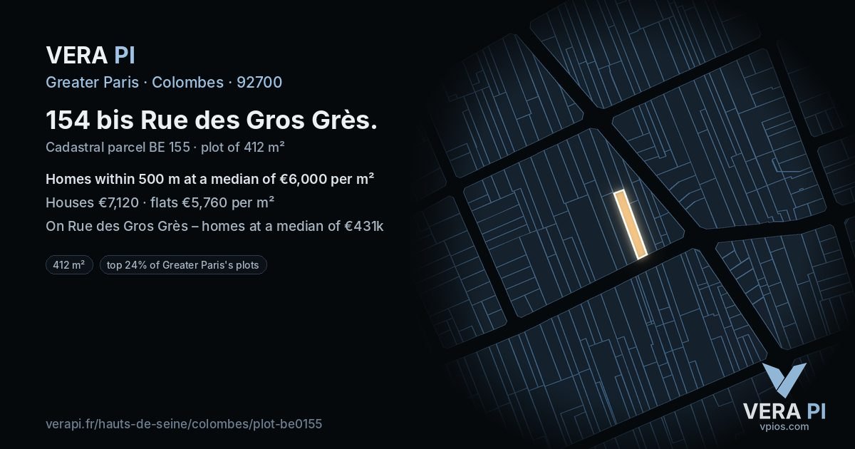 154 bis Rue des Gros Grès, Colombes at night – the plot lit, the parcels around coloured by the prices near them