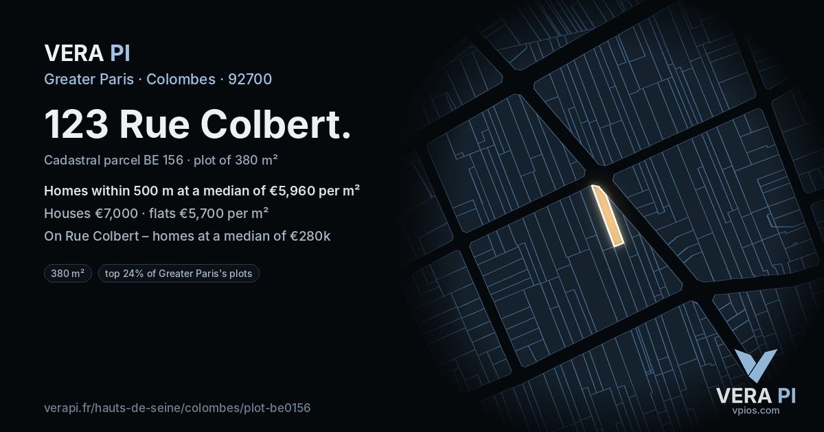 123 Rue Colbert, Colombes at night – the plot lit, the parcels around coloured by the prices near them