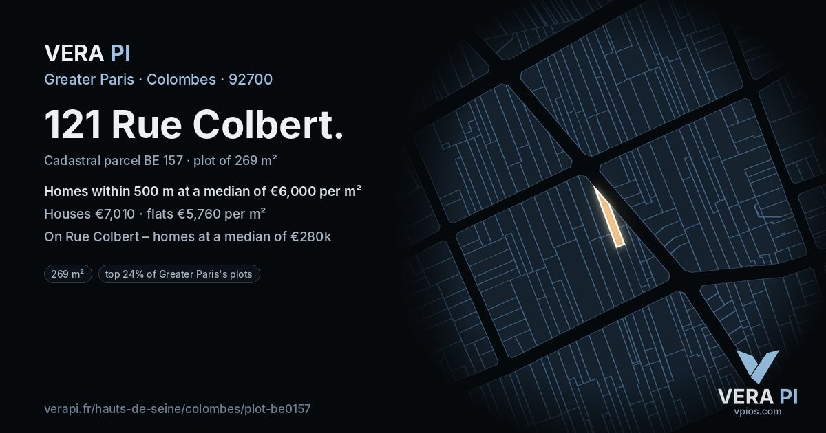 121 Rue Colbert, Colombes at night – the plot lit, the parcels around coloured by the prices near them