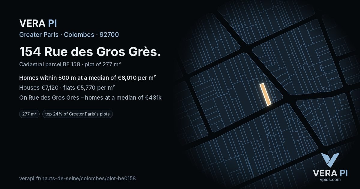 154 Rue des Gros Grès, Colombes at night – the plot lit, the parcels around coloured by the prices near them