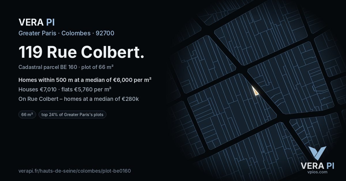 119 Rue Colbert, Colombes at night – the plot lit, the parcels around coloured by the prices near them