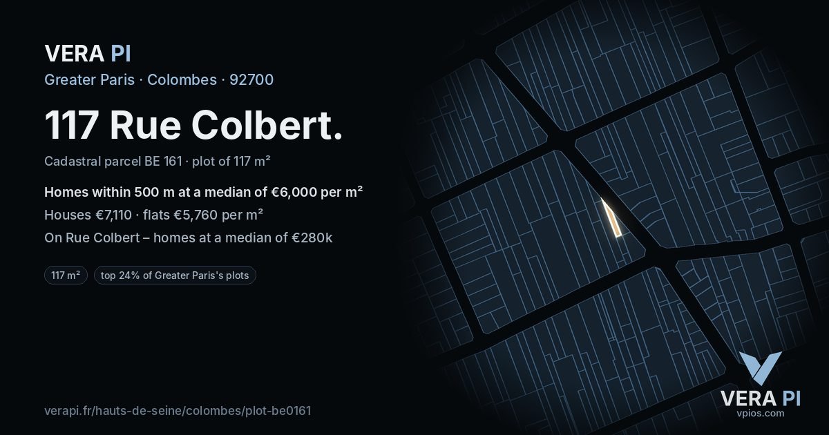 117 Rue Colbert, Colombes at night – the plot lit, the parcels around coloured by the prices near them