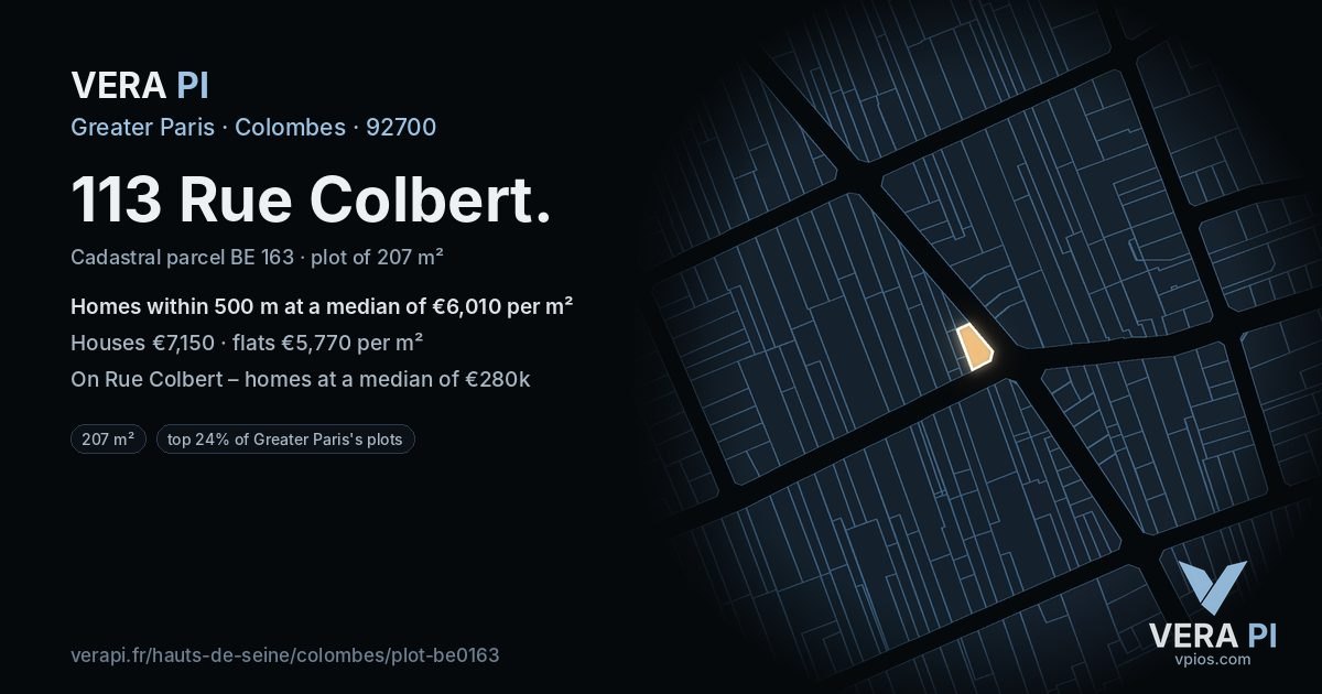 113 Rue Colbert, Colombes at night – the plot lit, the parcels around coloured by the prices near them
