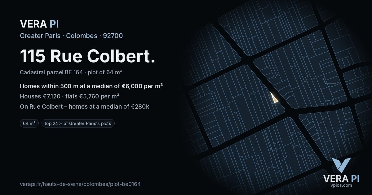 115 Rue Colbert, Colombes at night – the plot lit, the parcels around coloured by the prices near them