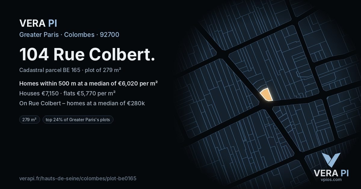 104 Rue Colbert, Colombes at night – the plot lit, the parcels around coloured by the prices near them
