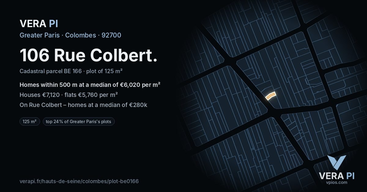 106 Rue Colbert, Colombes at night – the plot lit, the parcels around coloured by the prices near them