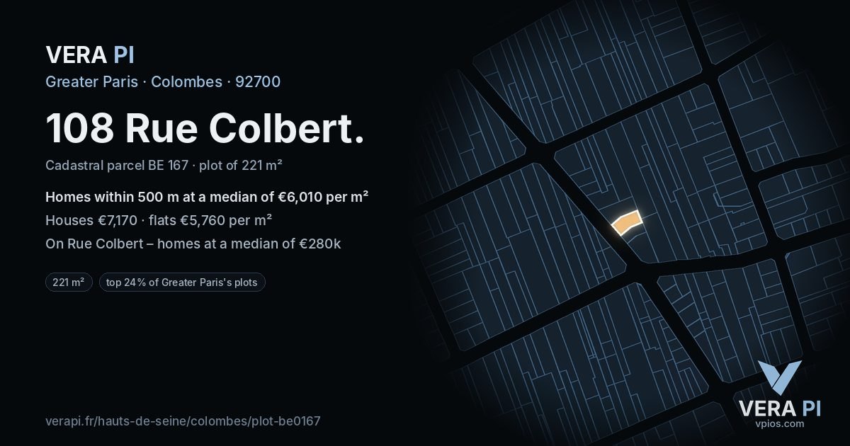 108 Rue Colbert, Colombes at night – the plot lit, the parcels around coloured by the prices near them