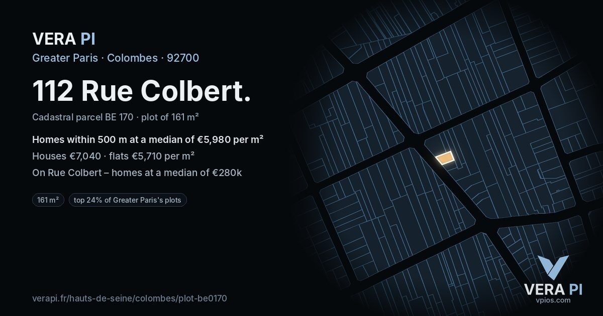 112 Rue Colbert, Colombes at night – the plot lit, the parcels around coloured by the prices near them