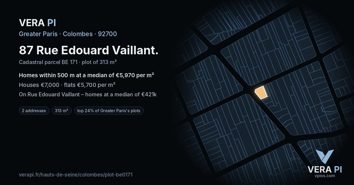 87 Rue Edouard Vaillant, Colombes at night – the plot lit, the parcels around coloured by the prices near them