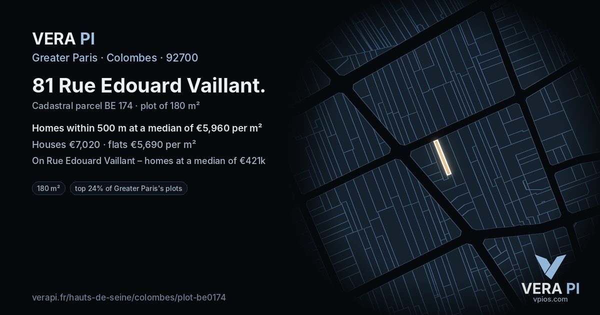81 Rue Edouard Vaillant, Colombes at night – the plot lit, the parcels around coloured by the prices near them