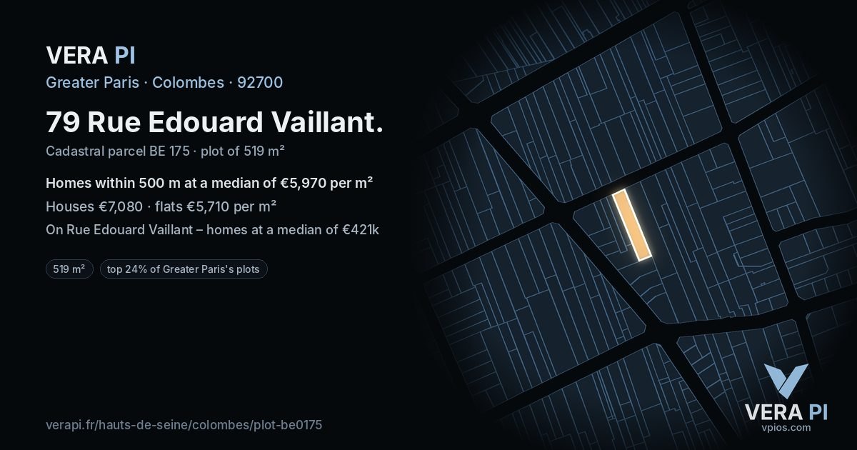 79 Rue Edouard Vaillant, Colombes at night – the plot lit, the parcels around coloured by the prices near them