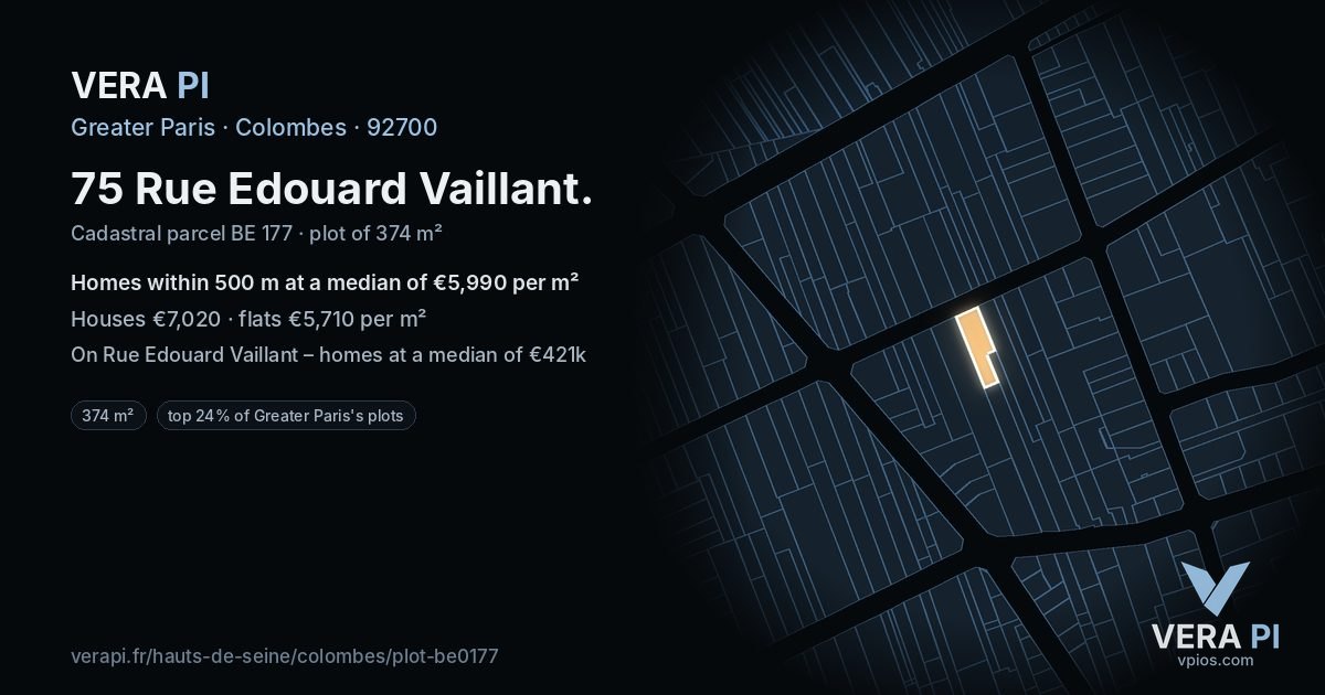75 Rue Edouard Vaillant, Colombes at night – the plot lit, the parcels around coloured by the prices near them