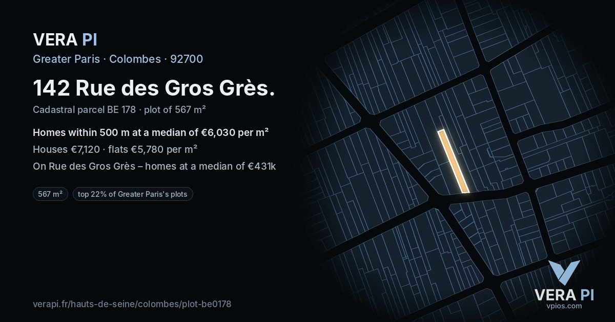 142 Rue des Gros Grès, Colombes at night – the plot lit, the parcels around coloured by the prices near them