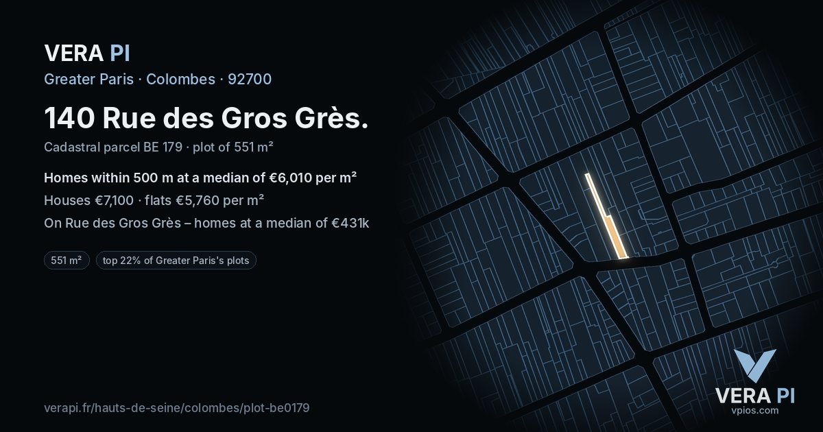 140 Rue des Gros Grès, Colombes at night – the plot lit, the parcels around coloured by the prices near them