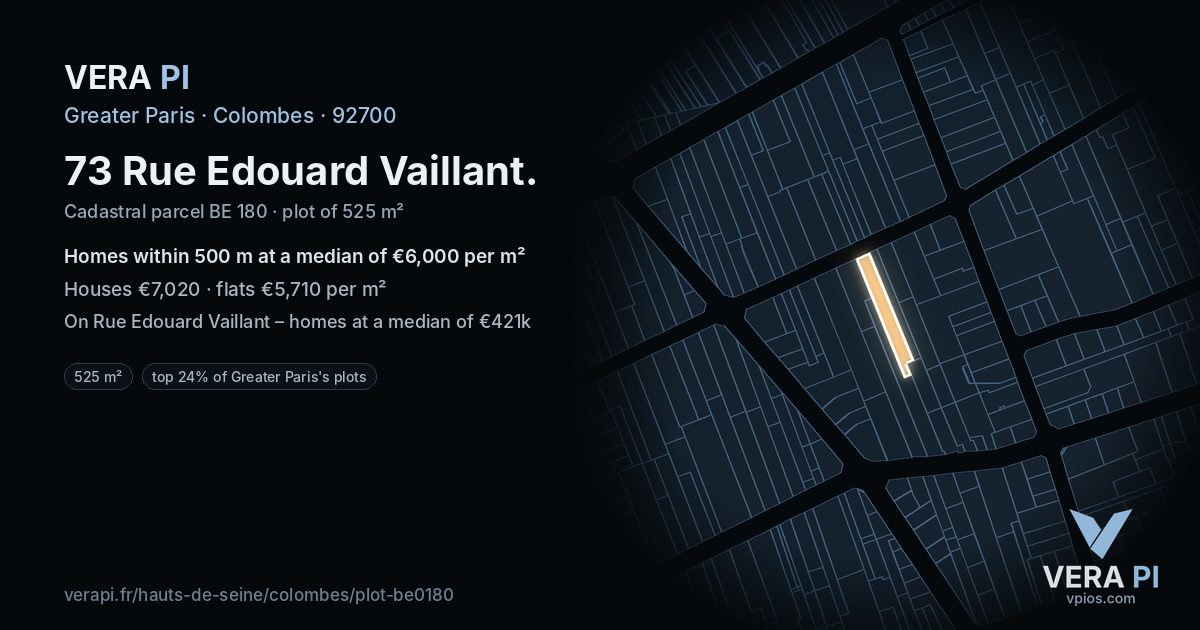 73 Rue Edouard Vaillant, Colombes at night – the plot lit, the parcels around coloured by the prices near them