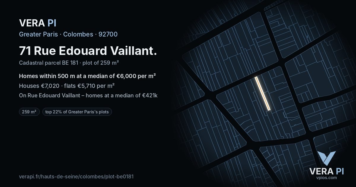 71 Rue Edouard Vaillant, Colombes at night – the plot lit, the parcels around coloured by the prices near them