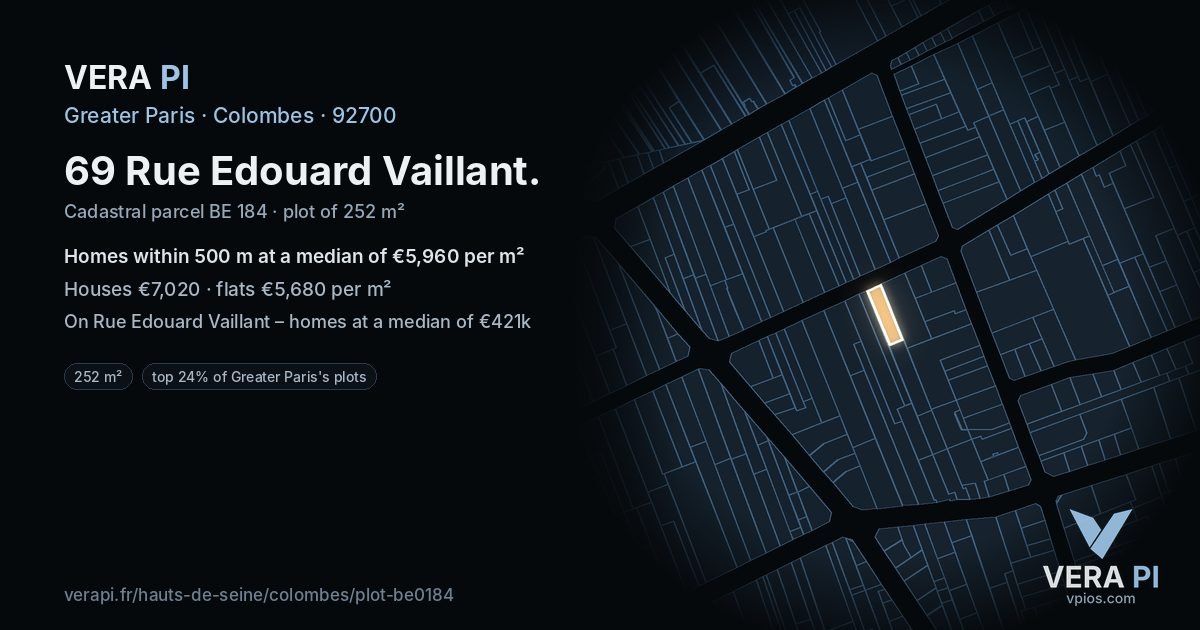 69 Rue Edouard Vaillant, Colombes at night – the plot lit, the parcels around coloured by the prices near them