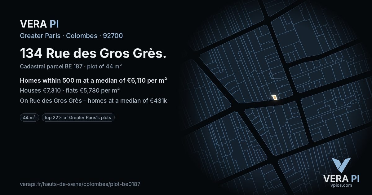 134 Rue des Gros Grès, Colombes at night – the plot lit, the parcels around coloured by the prices near them