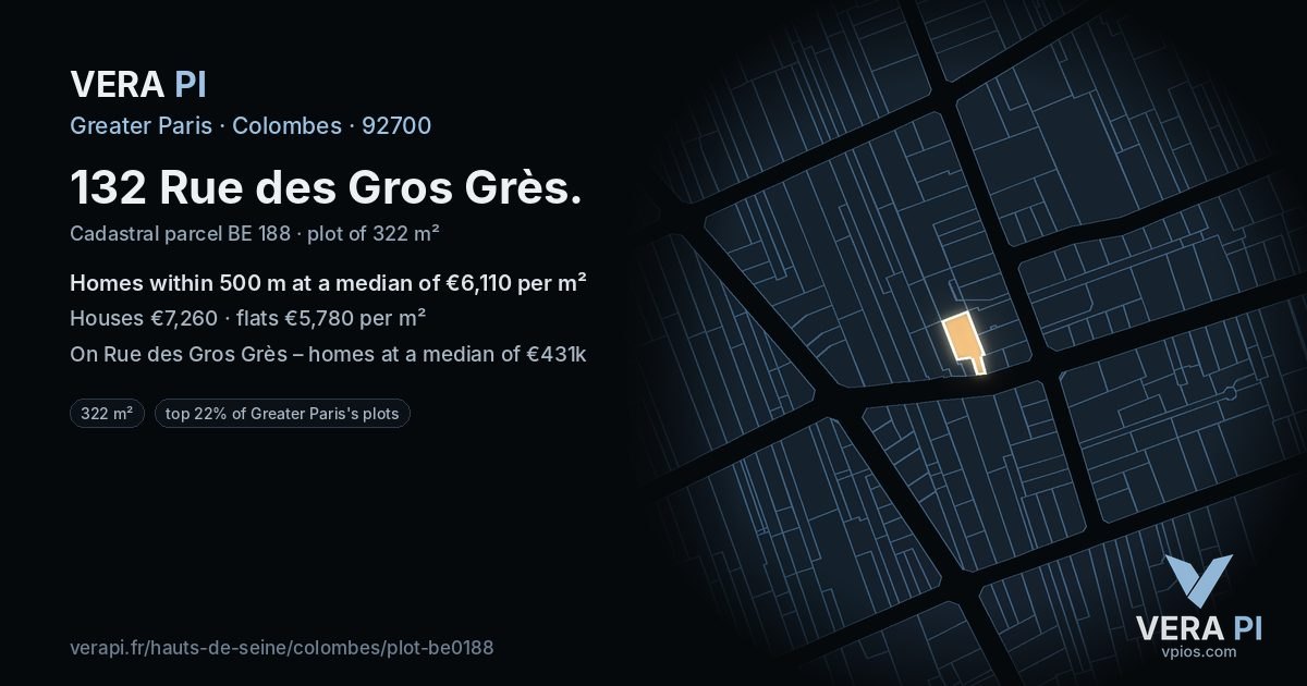 132 Rue des Gros Grès, Colombes at night – the plot lit, the parcels around coloured by the prices near them