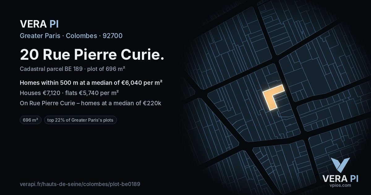 20 Rue Pierre Curie, Colombes at night – the plot lit, the parcels around coloured by the prices near them