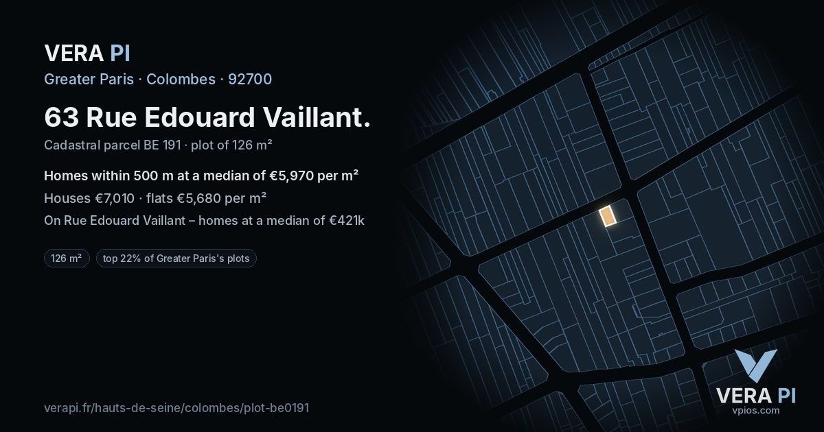 63 Rue Edouard Vaillant, Colombes at night – the plot lit, the parcels around coloured by the prices near them