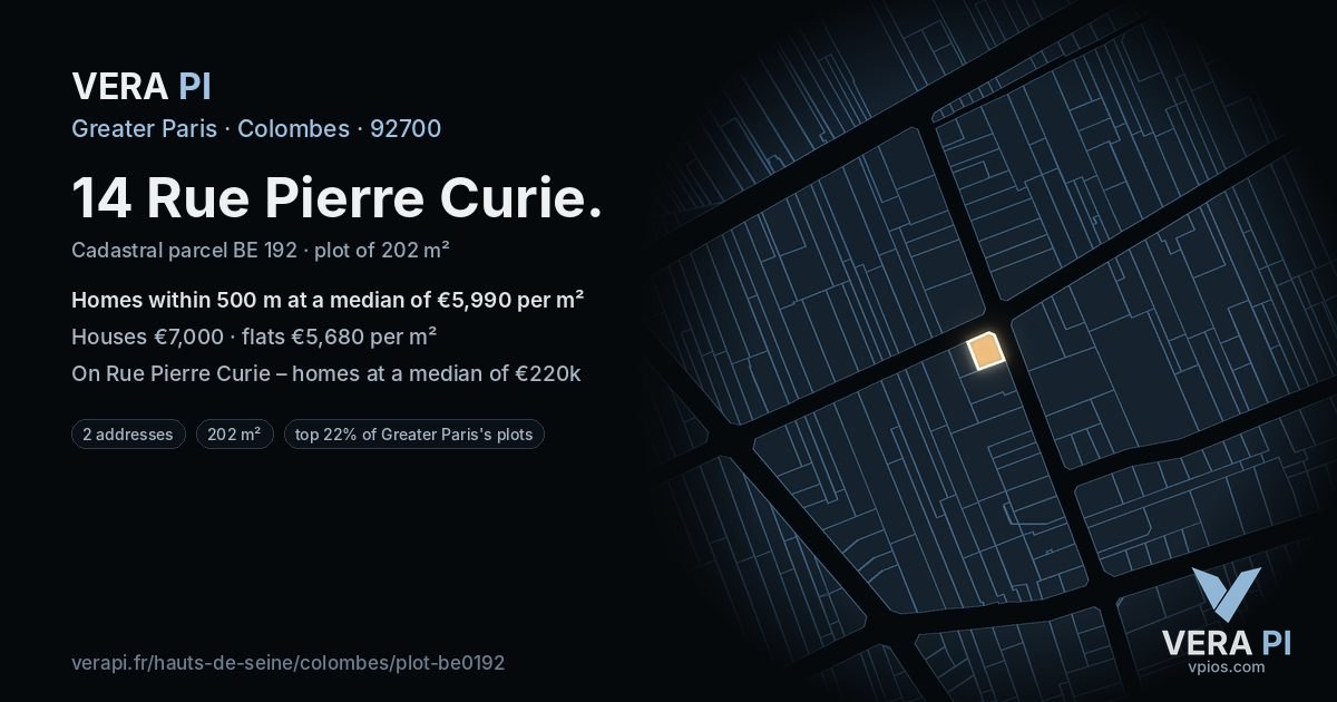 14 Rue Pierre Curie, Colombes at night – the plot lit, the parcels around coloured by the prices near them