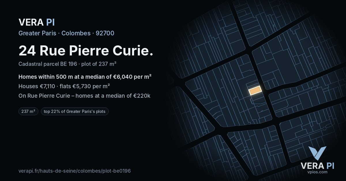 24 Rue Pierre Curie, Colombes at night – the plot lit, the parcels around coloured by the prices near them