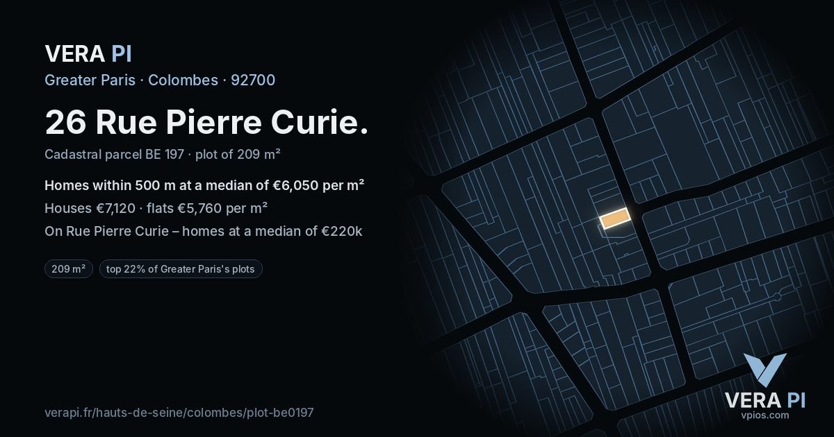 26 Rue Pierre Curie, Colombes at night – the plot lit, the parcels around coloured by the prices near them