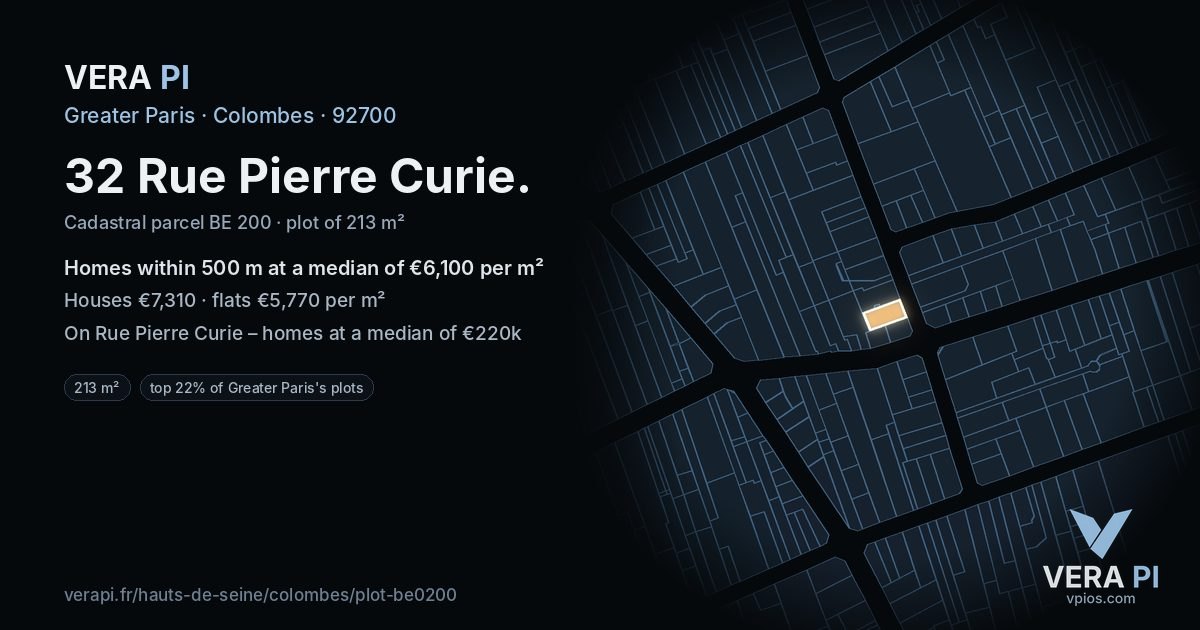 32 Rue Pierre Curie, Colombes at night – the plot lit, the parcels around coloured by the prices near them