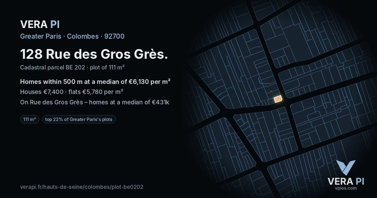 128 Rue des Gros Grès, Colombes at night – the plot lit, the parcels around coloured by the prices near them